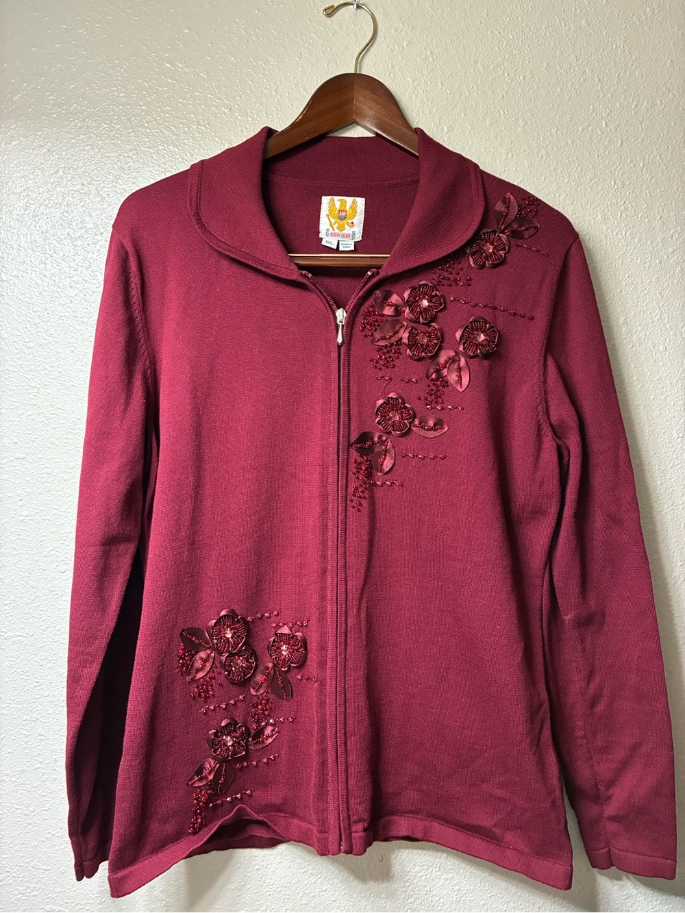 Ameri Mode Embroidered Zip-Front Cardigan Sweater - Wine